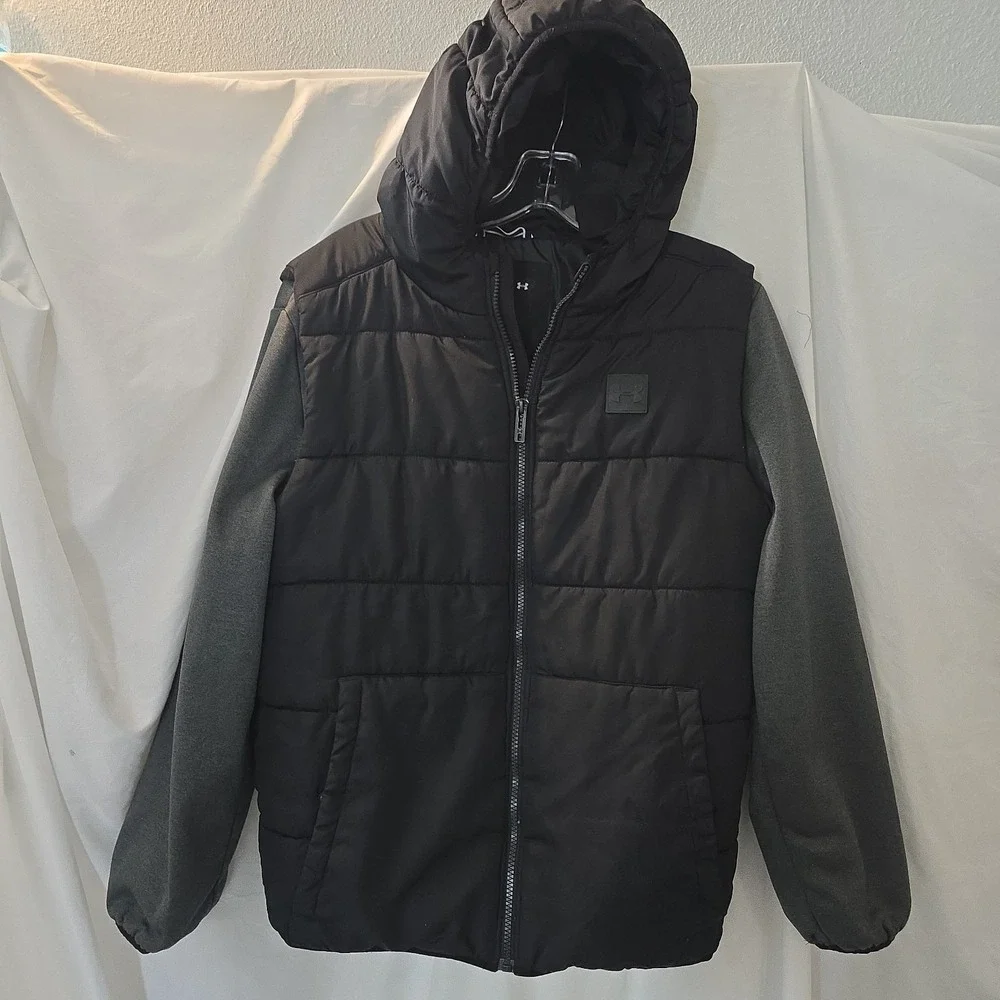 Under Armour Boy's 2-Fer Hoodie Puffer Vest Jacket Gray/black Sz YXL